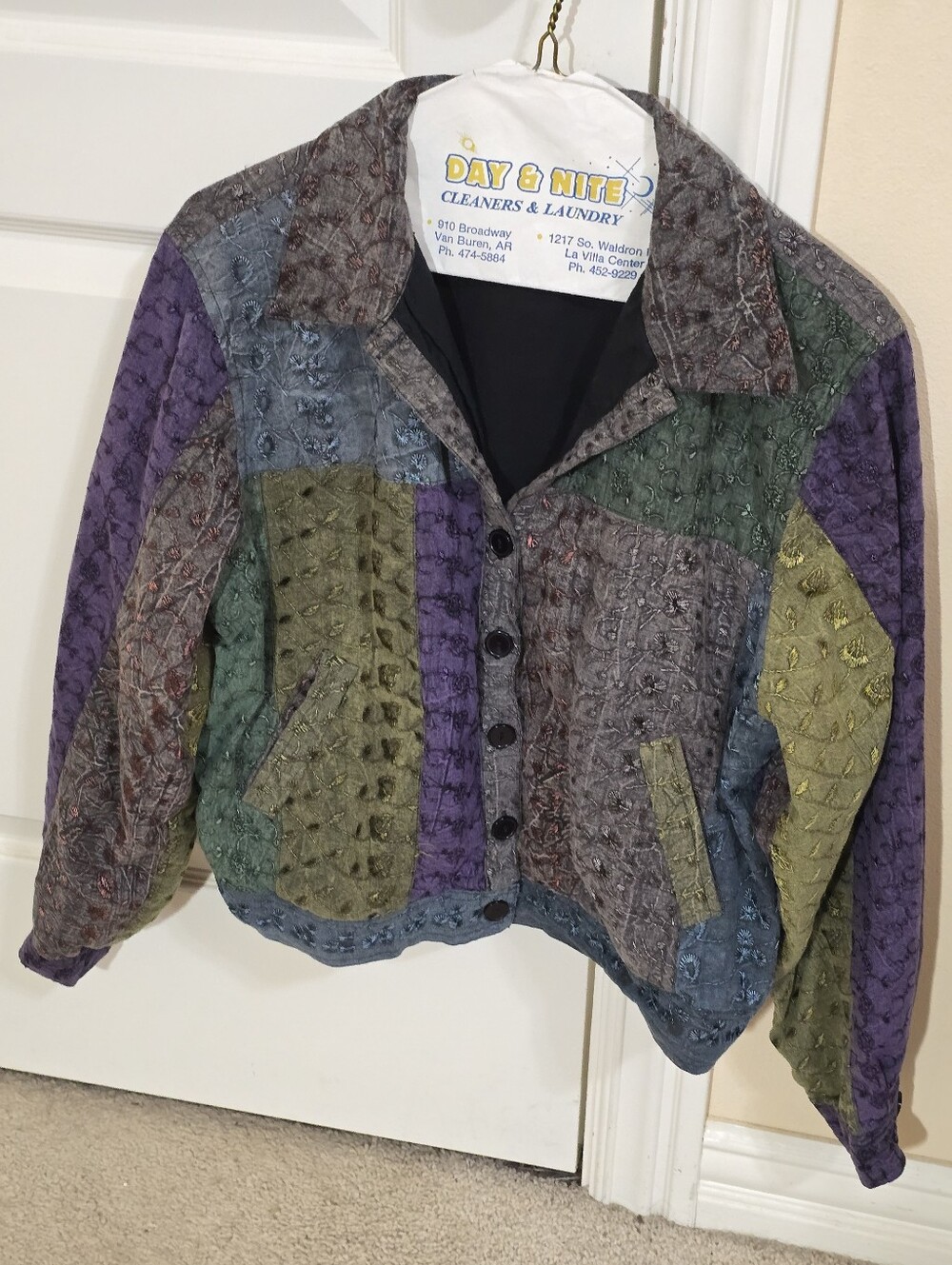 Sacred Threads Multicolor Patchwork Jean Jacket in Purple, Green & Blue